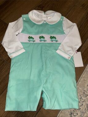Classic Mint Boys' Smocked Romper with White Shirt Christmas tree